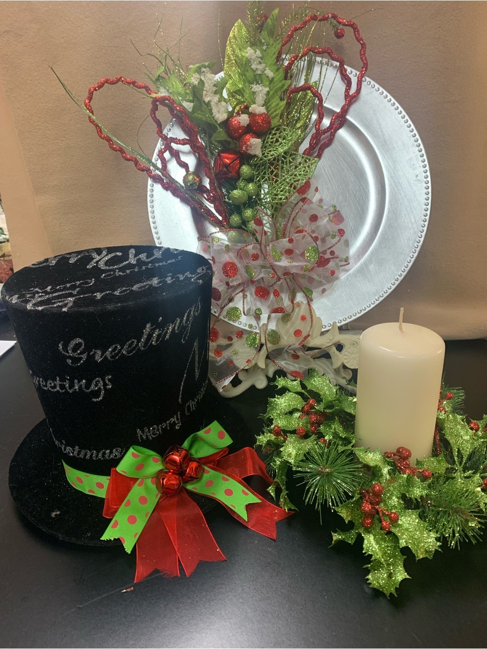 Festive Black Velvet Holiday Top Hat that’s a tree top with Red & Green Accents
